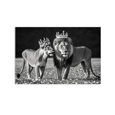 Imagem de SDYJ6GSW Animais Coroa Dourada Leão e Leoa Arte de Parede Rei e Rainha Coroa de Leão Decoração de Parede Fotos de Casal Impressões Pôsteres para Sala de Estar Quarto Banheiro Decoração de Casa 30 x 20