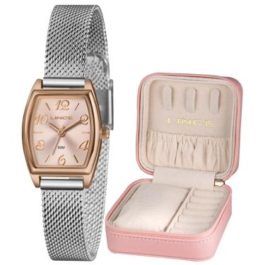 Imagem de Kit Relógio Lince Feminino Quadrado Prata/Rose Lqth278l22 R2sx