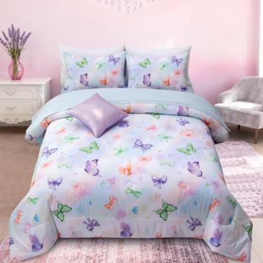 Imagem de Aimuan Conjunto de edredom solteiro com estampa de borboletas 3D roxo e azul, estampa de borboletas Die Dye para meninas e adolescentes