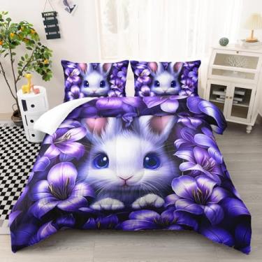 Imagem de AILONEN Conjunto de edredom de flor roxa para meninas, tamanho casal, com 2 fronhas, tema de coelho de olhos azuis para decoração de quarto, 3 peças