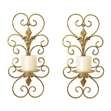Imagem de JUCONSIN Conjunto de 2 arandelas de parede, suporte de vela, decoração de metal, para pendurar na parede, decoração de casa, quarto, sala de jantar, dourado