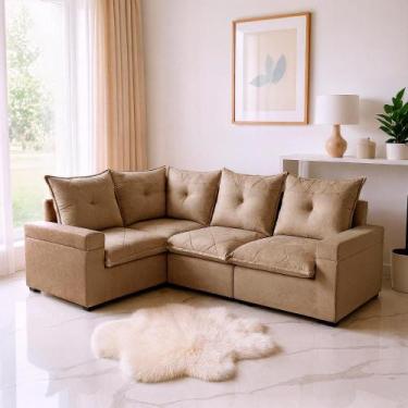 Imagem de Sofá de Canto Retrátil Tera Gold 1,90x2,62m Bom Pastor, Linho Bege