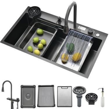 Imagem de Pia de cozinha preta luxuosa cachoeira pia de cozinha moderna multifuncional de aço inoxidável com torneira integrada, lavadora de copos, dispensador de sabão incluído (preto, 76 x 45 cm)