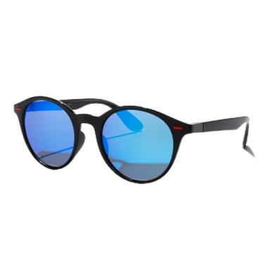 Imagem de Óculos de sol masculino feminino clássico retrô rebite polarizado TR90 pernas design mais leve armação redonda, Armação preta/lente espelhada azul, Lens Width: 51 Millimeters