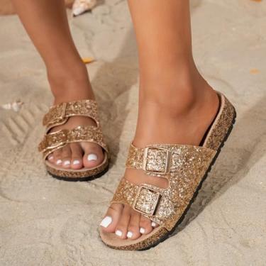 Imagem de Sandálias femininas douradas com glitter, fivela dupla, chinelos de verão confortáveis e casuais, Dourado, 36