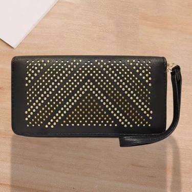 Imagem de Carteira feminina de couro com porta-cartão de crédito, carteira longa, elegante, fivela, zíper, clutch, Preto, Feche com fivela de segurança e vários compartimentos para cartão