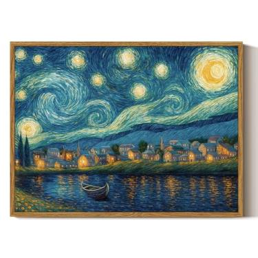 Imagem de ARPEOTCY Arte de parede em tela emoldurada vintage, céu estrelado sobre o mar