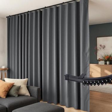 Imagem de Cortinas divisórias de quarto, conjunto de trilhos de teto flexíveis, cortina blackout para sala de estar, quarto, teto, varão, painel divisor de privacidade L38 x 18 m cinza drapeado e trilho preto