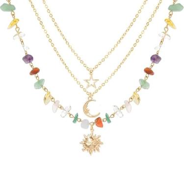 Imagem de Colar feminino de várias camadas, pingente de sol, lua e estrela de ouro boêmio, colar colorido, joias femininas, One size, Pedra, Sem Pedra Preciosa