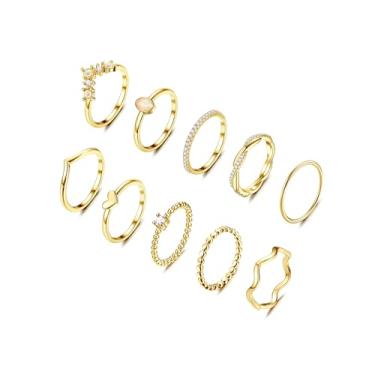 Imagem de 10 peças de anéis empilháveis banhados a ouro 14 K para mulheres anéis de coração de opala CZ empilháveis de polegar simples de ouro fino anéis de aliança simples tamanho 5-10, Cobre, Sem pedra