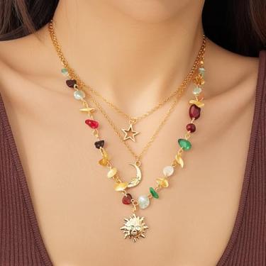 Imagem de Colar Boho em camadas, colar gargantilha com pingente de estrela de sol e lua dourada, colar de pedra de cristal colorido, joia feminina, 0.71oz, Corrente de ferro + turquesa + liga metálica, Sem
