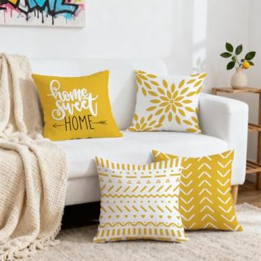 Imagem de Conjunto de 4 fronhas decorativas de tecido de linho para uso externo, amarelo e branco, para sofá-cama, carro, quarto, sala de estar
