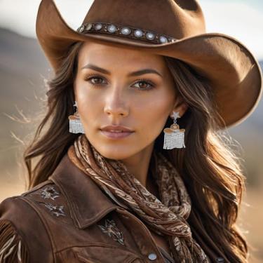 Imagem de Brincos femininos de chapéu de caubói esmaltado ocidental, borlas de strass brilhante, concerto, rodeio, roupa de franja, brincos pendentes, One size, Liga de aço, Sem pedra preciosa