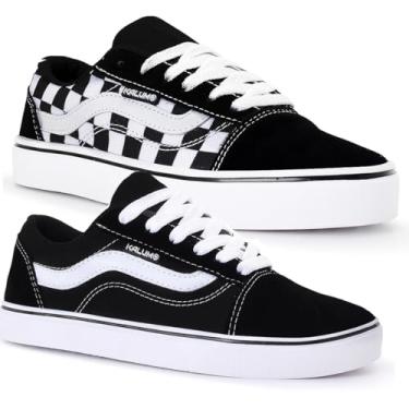 Imagem de Kit 2 Pares Tenis Feminino Casual Kalum Old School Tradicional Unissex Sola Reta (PRETO BRANCO + XADREZ, BR, Adulto, Numérico, 37)