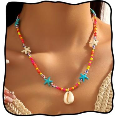 Imagem de Hermoli Colar de estrela do mar com contas coloridas, joia de verão de praia boho com estrela do mar turquesa, contas vermelhas amarelas de sementes, pingente de concha de caubói