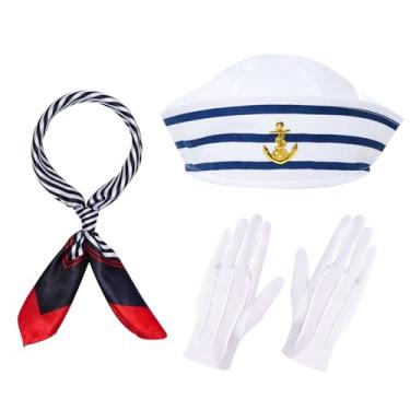 Imagem de Yymobt Acessórios de fantasia de marinheiro, chapéu de marinheiro e cachecol, chapéu de capitão, branco e azul, listrado, roupa de pirata, cosplay, Multicor, Standard
