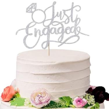 Imagem de Topo de bolo dourado com purpurina, 17 x 11 cm, decoração de festa de noivado com design de anel de diamante (prata)