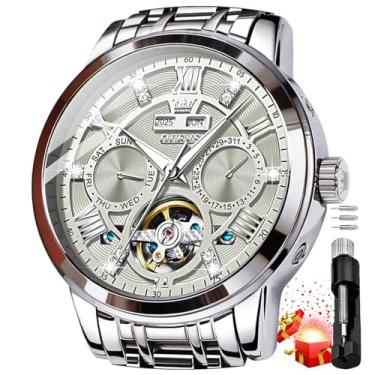 Imagem de OLEVS Relógio de pulso masculino automático, dourado, luxuoso, diamante, corda automática, esqueleto, turbilhão, aço inoxidável, 6701: Cinza