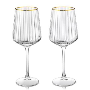 Imagem de Joeyan Taças de vinho de cristal sopradas à mão para branco e vermelho, taças listradas com borda dourada, copo de copo de vinho com haste, presentes para degustação de vinho, aniversário, casamento