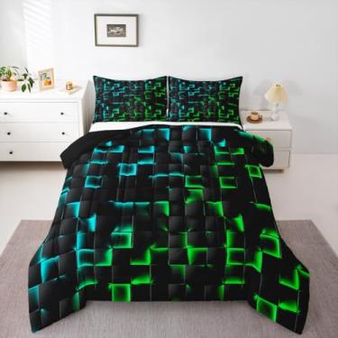 Imagem de Erosebridal Jogo de cama geométrico quadriculado para meninos, tamanho completo, verde-petróleo, neon, para decoração de quarto de jogadores, geométrico, quadriculado, geométrico, edredom preto