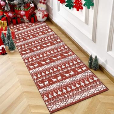 Imagem de GarveeHome Tapete de corredor vermelho de Natal 5 x 20 lavável para sala de estar floco de neve decoração de férias tapete decorativo antiderrapante de pilha baixa tapete decorativo de Natal Boho