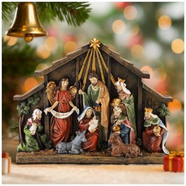 Imagem de Magicsculp Conjunto de presépio de Natal com 11 peças – 27,4 cm de largura conectada com manjedoura, decorações de mesa religiosas, decoração católica de resina pintada à mão para mesa e prateleira de