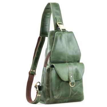Imagem de Handmade World Mochila tiracolo de couro genuíno no peito bolsa tiracolo bolsa tiracolo viagem caminhada para homens mochila diária, Verde, 14 Inch, Jsj19cross