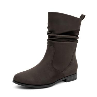 Imagem de VJH confort Botas femininas de cano médio, bico redondo amêndoa, salto baixo, confortável, botas despojadas, Marrom, 35