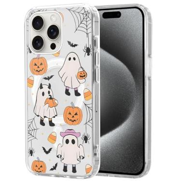 Imagem de Vulfwela Linda capa de telefone transparente de Halloween para iPhone 16 Pro Max de 6,9 polegadas, compatível com MagSafe, capa magnética com estampa de teia de aranha fantasma de abóbora fina TPU à