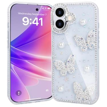 Imagem de SptPofp Capa para iPhone, Linda 3D Bling Glitter Brilhante Pérola Borboleta Estética Design Macio Amortecedor Protetor Fina Capa de Telemóvel para iPhone Mulheres Meninas Estrelas Transparente
