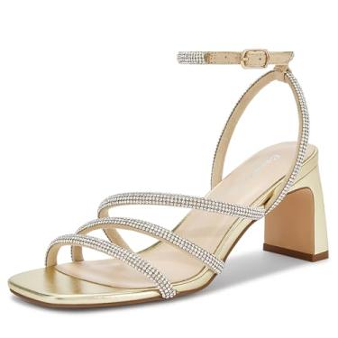 Imagem de CosyFever Sandálias femininas de strass com tira no tornozelo, bico quadrado, sapatos elegantes de salto para festas, casamentos, encontros elegantes, Dourado, 39