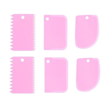 Imagem de Raspador de massa, raspador de bancada, pente de dupla face, ferramenta de raspador de bolo plano curvado, pente de decoração, dente de serra de plástico, 6 peças, 12 x 8,6 cm, rosa; para assar