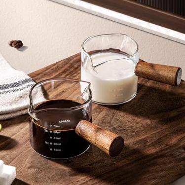 Imagem de Pacote com 2 xícaras de café expresso com cabo de madeira, acessórios de vidro transparente, copo medidor de bico duplo com escala dupla, copo de shot expresso com bico em forma de V, 100 ml