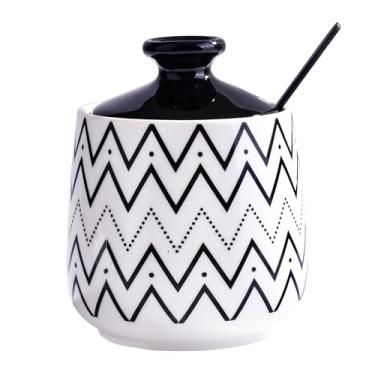 Imagem de Cerficer Açucareiro de cerâmica com colher, padrão preto e branco, recipiente de porcelana de 300 ml com tampa, armazenamento de cozinha de 8 x 10,5 cm (bw)