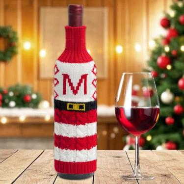 Imagem de 1 peça de capa decorativa de garrafa de vinho de Natal, lindo suéter de malha, recipientes de vinho, acessório de mesa de jantar para festa festiva (letra M)