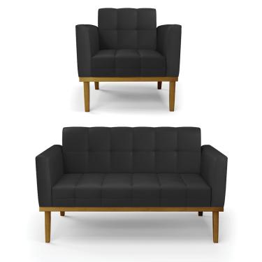 Imagem de Sofá Namoradeira e Poltrona Base de Madeira Castanho Elisa Corino Preto D03 - D'Rossi