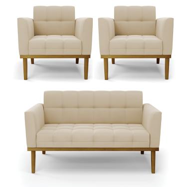 Imagem de Namoradeira com 2 Poltronas Base de Madeira Castanho Elisa Suede Bege D03 - D'Rossi