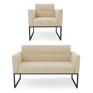 Imagem de Kit 1 Sofá Namoradeira e 1 Poltrona Elisa Suede Bege Base Metálica Industrial Preto D03 - D'Rossi