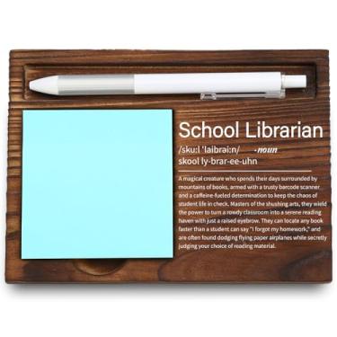 Imagem de Presente de bibliotecário escolar – Porta-notas adesivas de madeira gravado, organizador de mesa divertido e significativo para bibliotecários, 16,3 x 11,7 x 1,5 cm, LQQ77