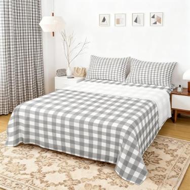 Imagem de Castle Fairy Jogo de lençol boêmio, casal, quadriculado geométrico, xadrez, xadrez, para crianças, adolescentes, cinza macio, 4 peças (elástico + plano + 2 fronhas)