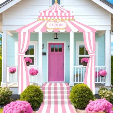 Imagem de Decoração de tema de carnaval de festa de circo rosa faixa branca e rosa listrada faixa de varanda tenda de carnaval faixa de porta de entrada pano de fundo para aniversário caminhão sorvete foto