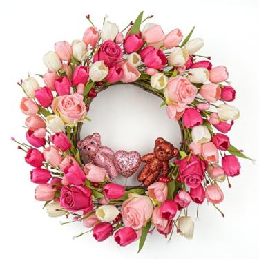 Imagem de J'FLORU Decorações de Dia dos Namorados Romântico Presentes de Dia dos Namorados 55 cm com adorável urso coração rosas tulipas para festa dos namorados, aniversário, jantar à luz de velas