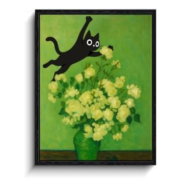 Imagem de CYFDYVT Impressão artística texturizada de gato preto divertido, gato de desenho animado divertido com flores amarelas em estilo Van Gogh arte de parede de vaso verde, arte de gato fofo para decoração
