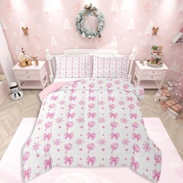Imagem de Feelyou Conjunto de cama de Natal rosa macio para meninos e meninas, conjunto de edredom casal com estrela de floco de neve, edredom de microfibra, 3 peças com 2 fronhas