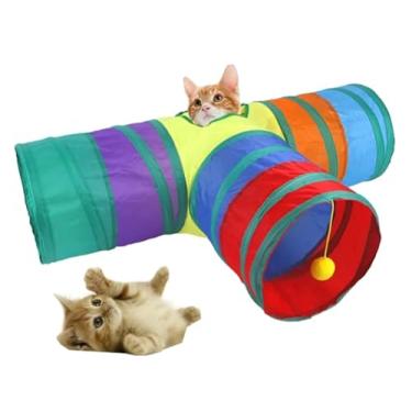 Imagem de Túnel para Gatos 3 Saídas, Design em T, Colorido, Poliéster e Aço, 76 x 47 cm, Dobrável com Bolinha Suspensa, Brinquedo Interativo para Enriquecimento Ambiental