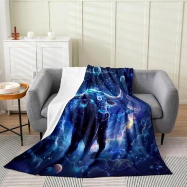 Imagem de Cobertor de lã do zodíaco com 12 constelações, cobertor de flanela de touro para decoração de quarto, nuvem de galáxia, céu estrelado para crianças, cobertor super macio, 127 x 152 cm