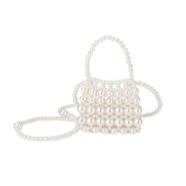 Imagem de SHESRA Bolsa de ombro feminina de pérolas brancas luxuosas com contas transversais, bolsa de festa e casamento, presente para ela, 11 cm x 9 cm x 3 cm (comprimento da alça 7 cm), branco