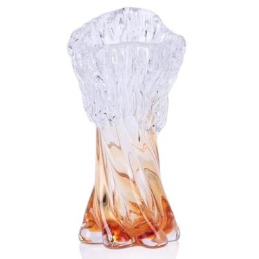 Imagem de Vaso de vidro soprado à mão – Vaso de flor de vidro degradê âmbar com borda ondulada, peça central decorativa exclusiva para decoração de sala de estar ou mesa (pequeno)