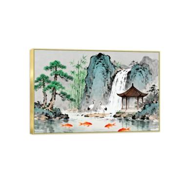Imagem de Chinoiserie Arte de parede paisagem imagem em tela - montanha cachoeira peixe-pintura chinesa impressão moldura dourada para decoração de casa 20x30cm8x12in