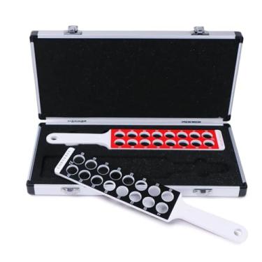 Imagem de Conjunto de lentes de retinoscopia óptica, barras de retinoscopia com caixa de armazenamento de alumínio, 32 lentes em duas barras, 16 lentes cada, vermelho para miopia preta para hipermetropia, para
